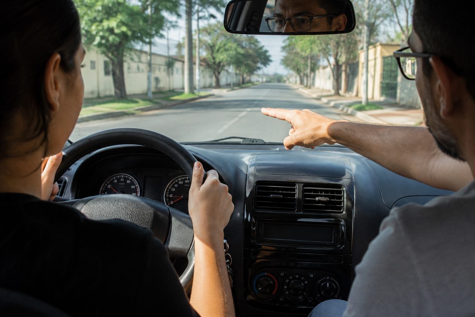 Volante e painel de um carro durante aula prática de direção