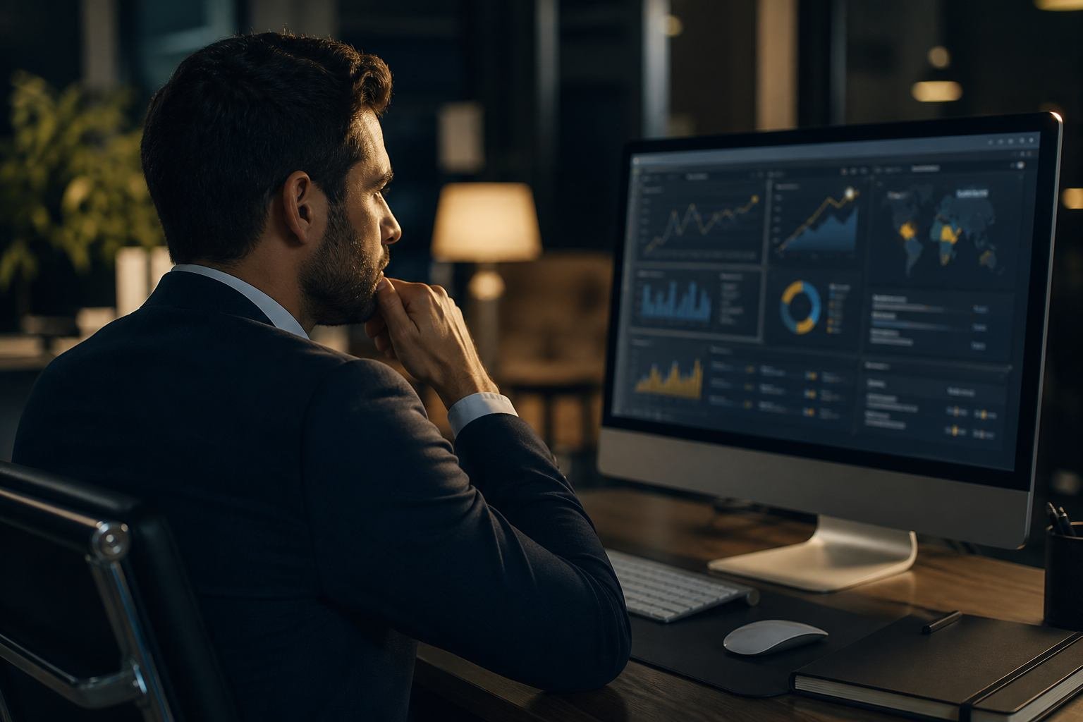 Profissional analisando painel de campanhas em um monitor