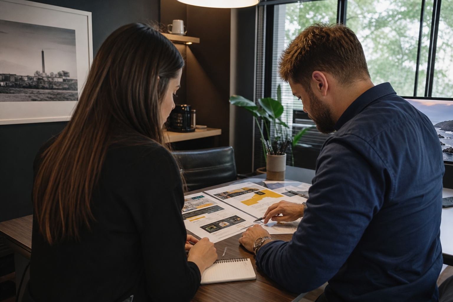 Equipe em reunião analisando layouts de site em uma mesa de escritório